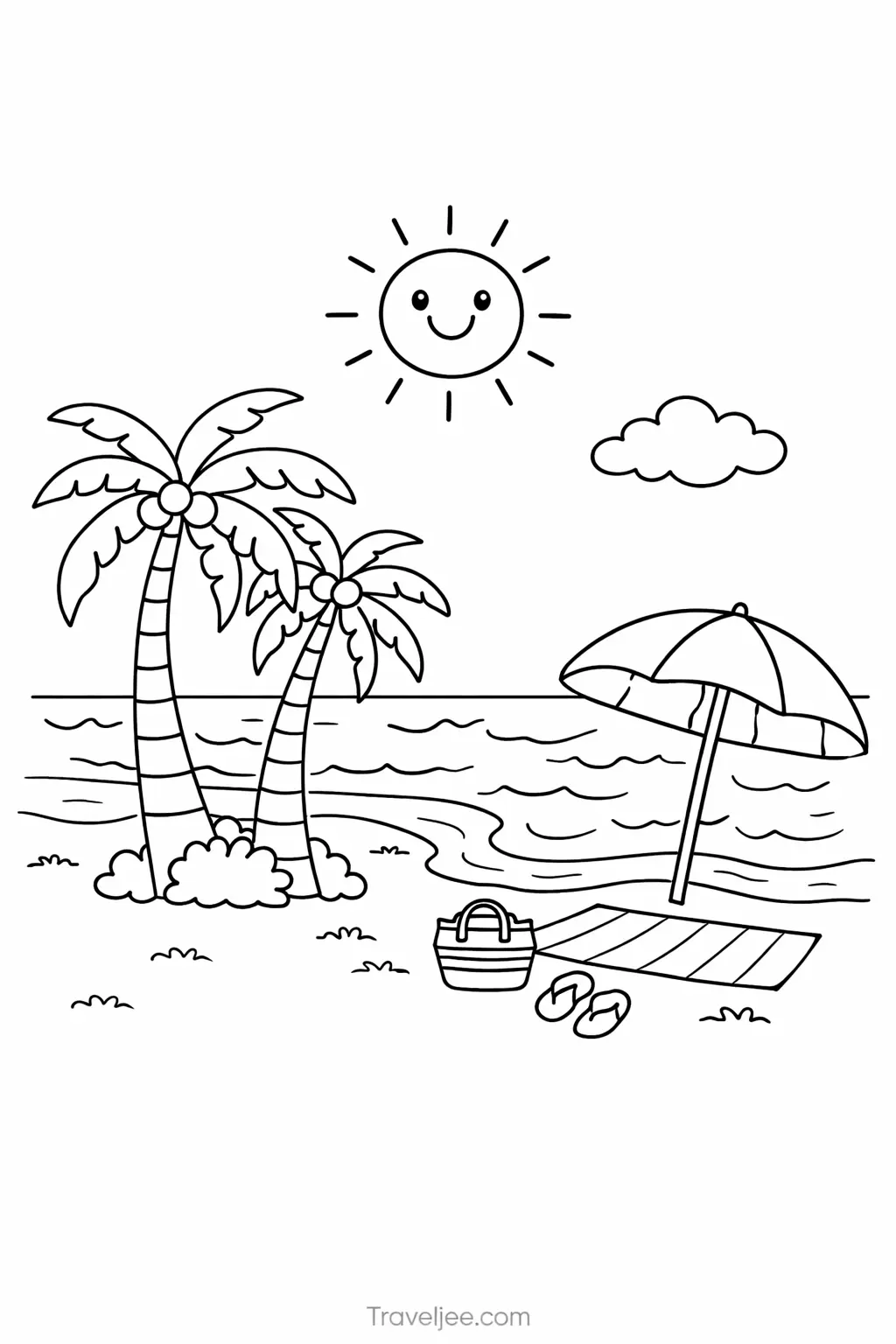 Beach Travel Coloring Page for Kids – Summer Vacation Printable with Palm Trees