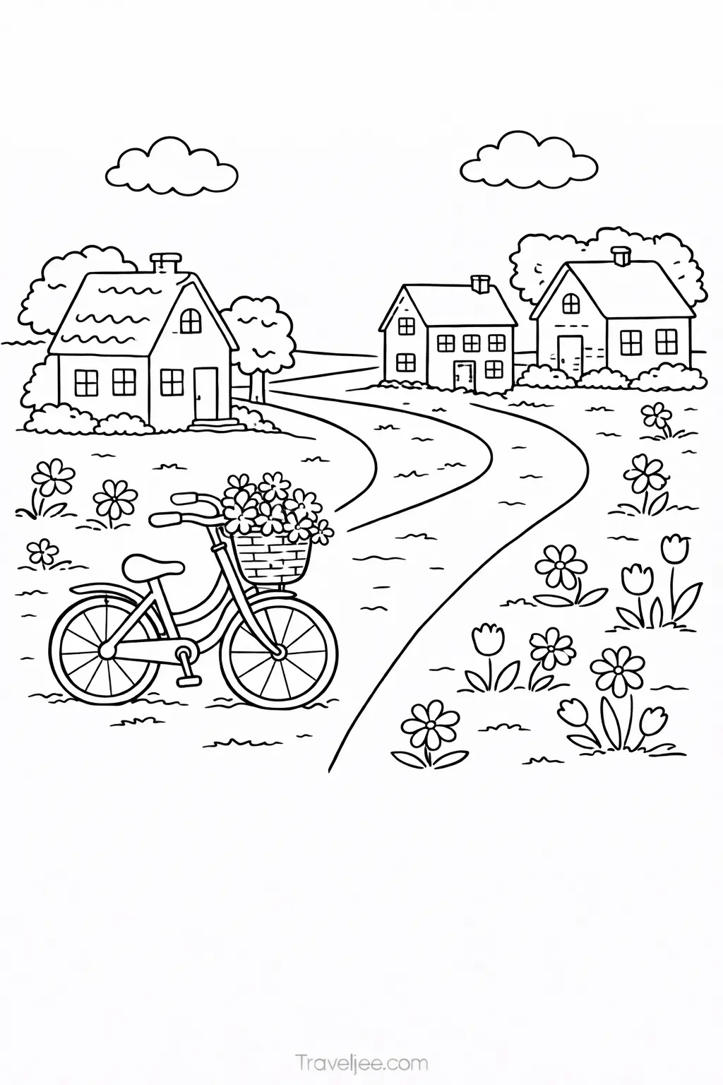 Bicycle Travel Coloring Page for Kids – Countryside Adventure Printable