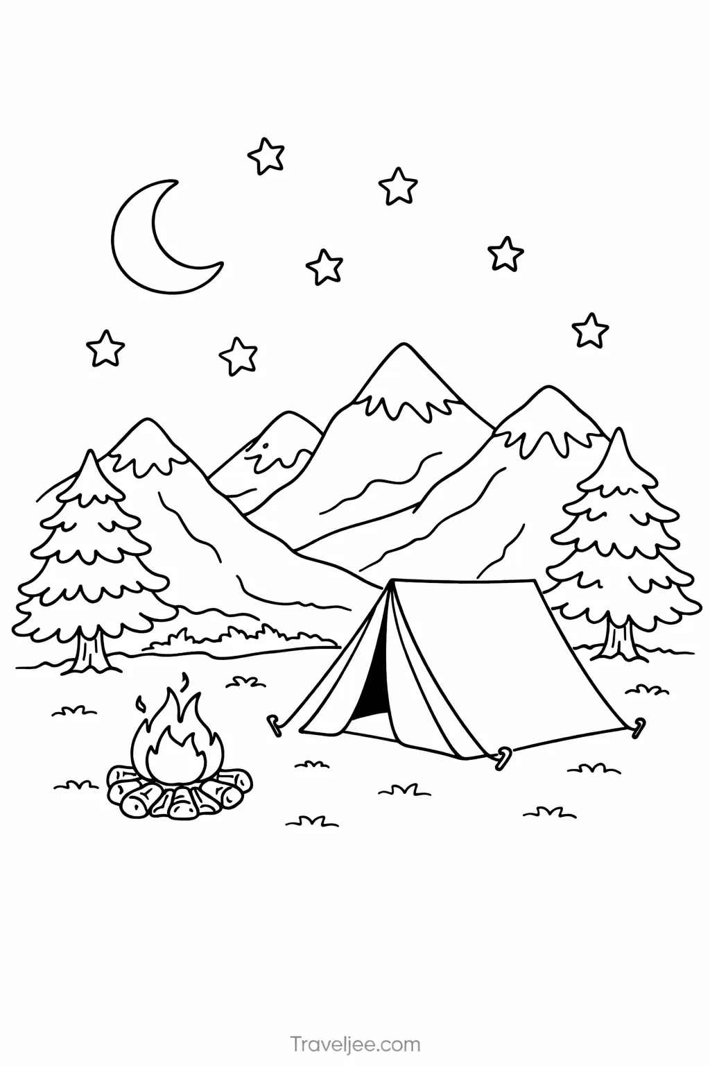 Camping Coloring Page for Kids and Adults – Mountain Travel Adventure Printable
