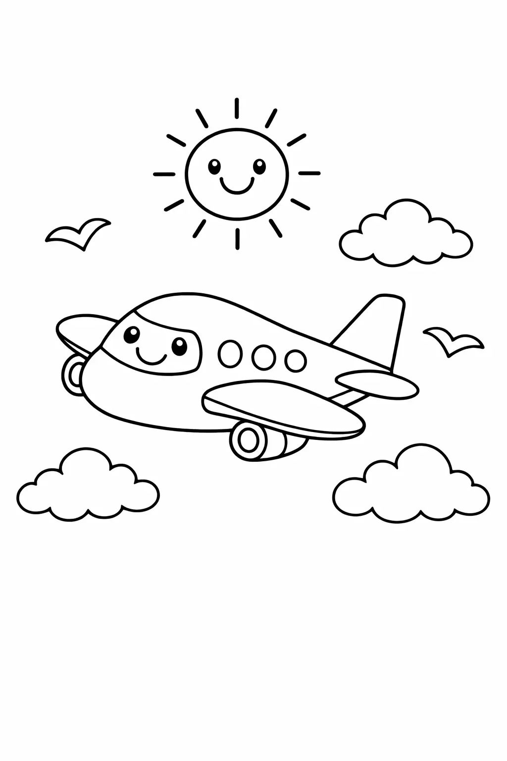Cute Airplane Coloring Page for Kids – Easy Travel Theme Printable with Clouds and Sky