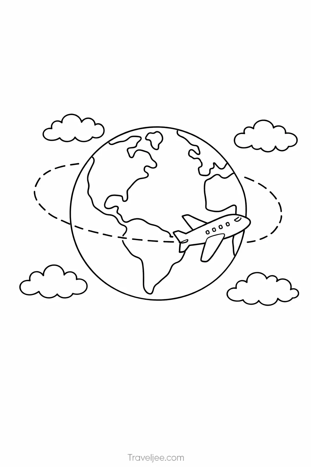 Globe Travel Coloring Page – Around the World Airplane Printable for Kids