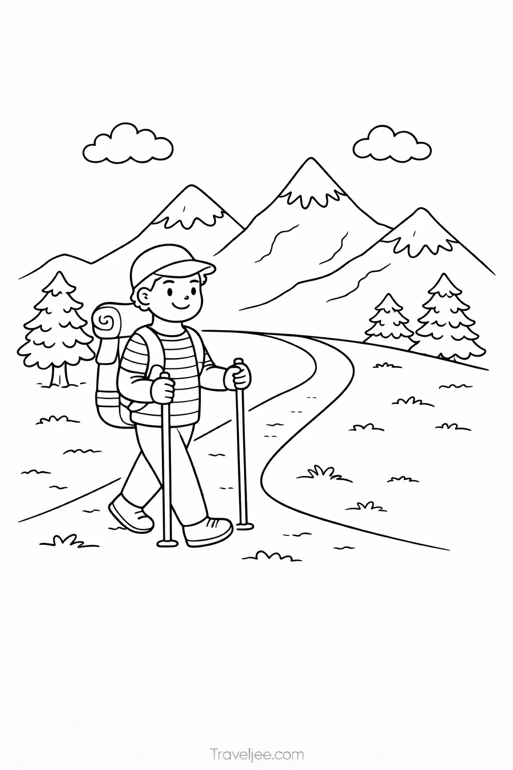 Hiking Travel Coloring Page for Adults – Outdoor Adventure Printable Sheet