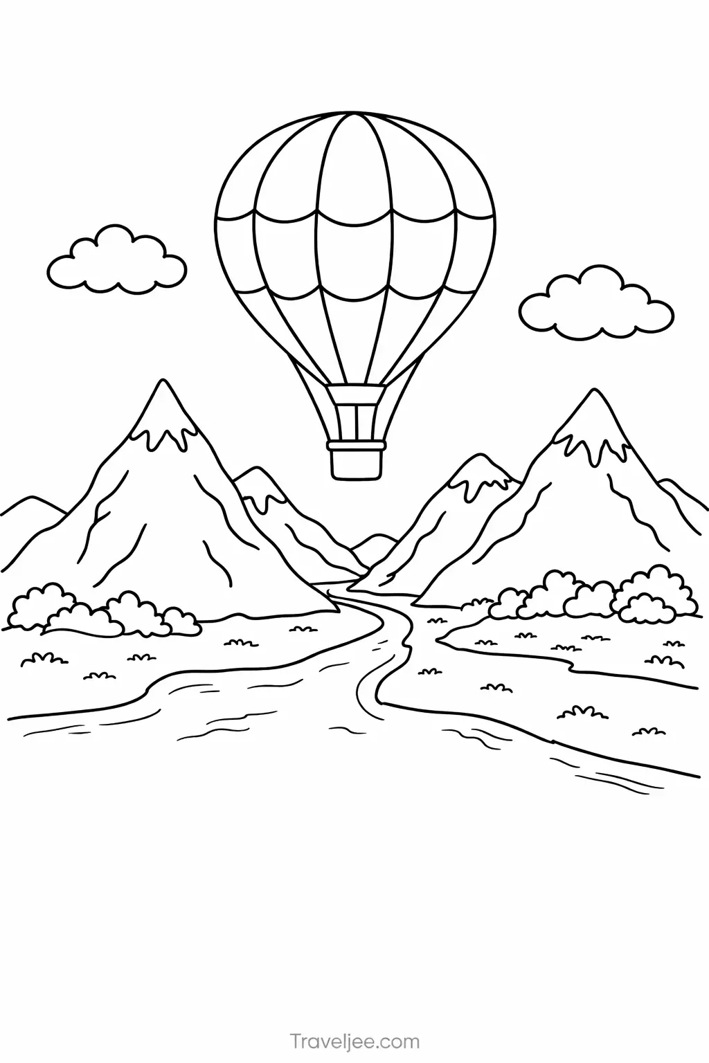 Hot Air Balloon Coloring Page for Adults and Kids – Scenic Travel Adventure Printable