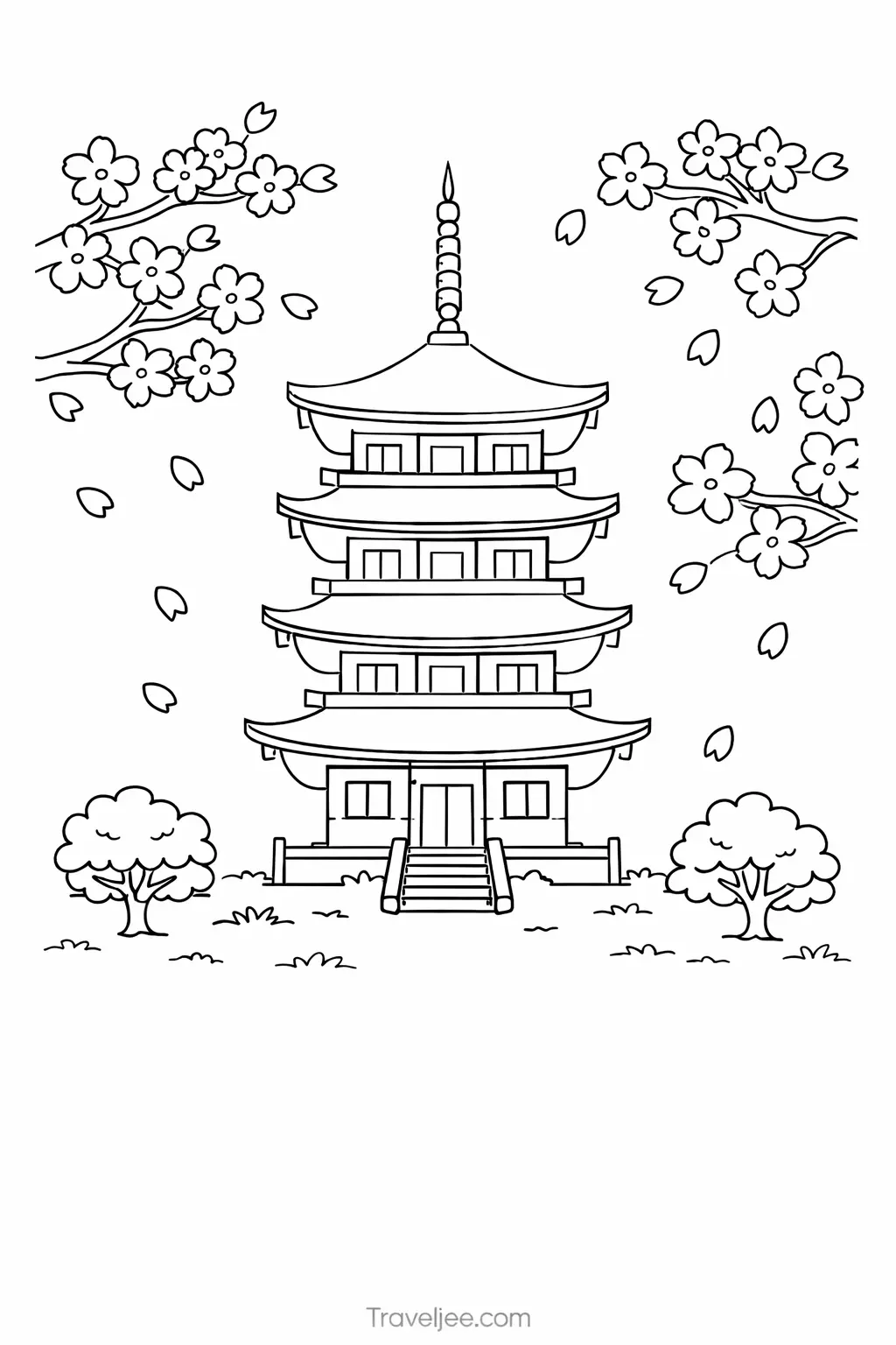 Japan Travel Coloring Page – Pagoda and Cherry Blossom Printable for Adults