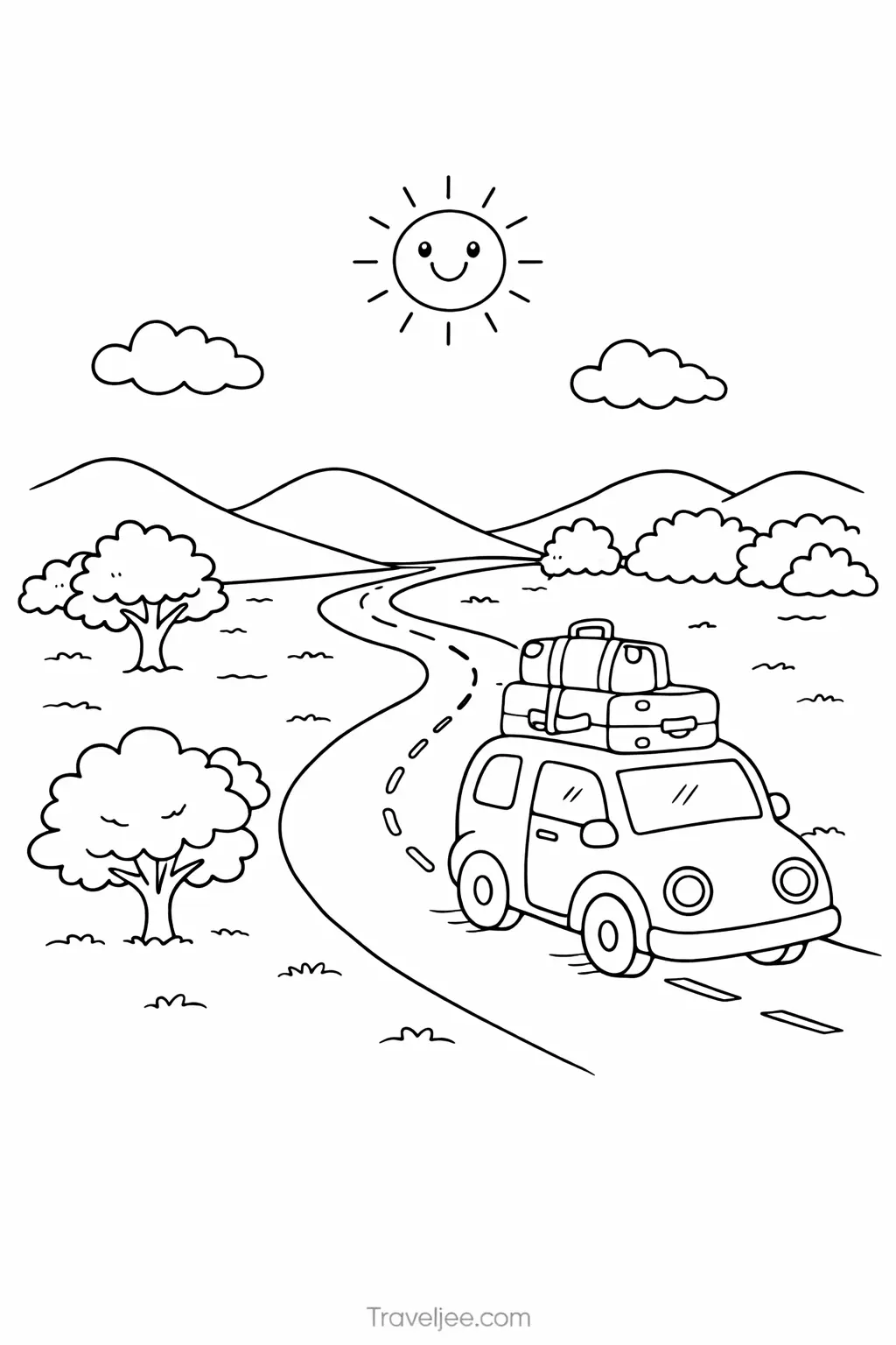 Road Trip Coloring Page for Kids – Travel Car Adventure Printable Sheet
