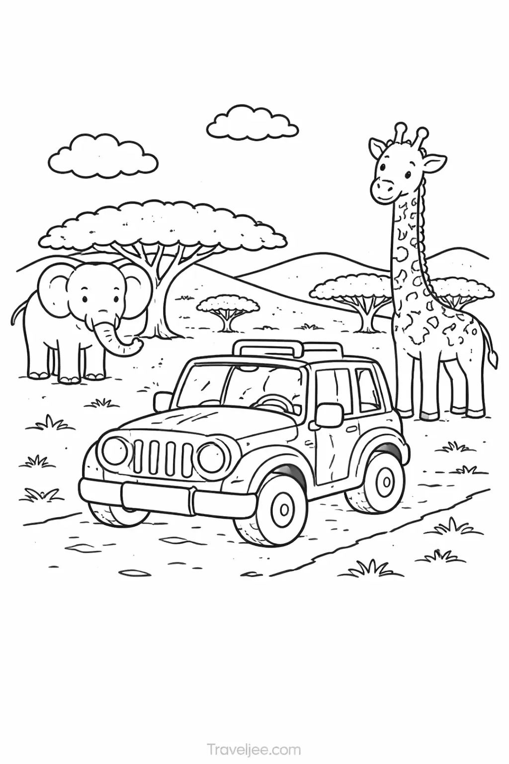 Safari Travel Coloring Page for Kids – Jungle Adventure Printable with Animals