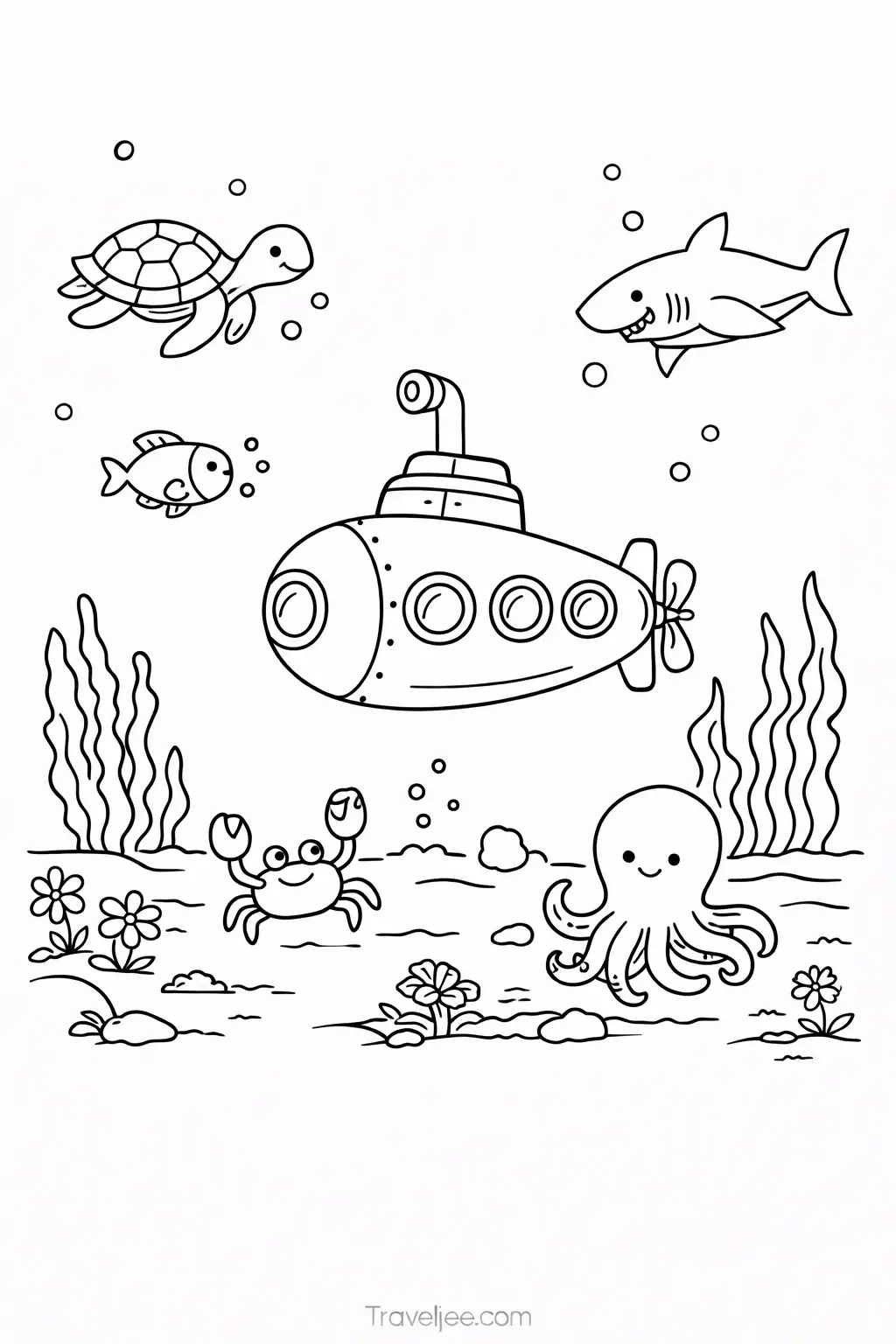 Submarine Coloring Page for Kids – Ocean Travel Adventure Printable