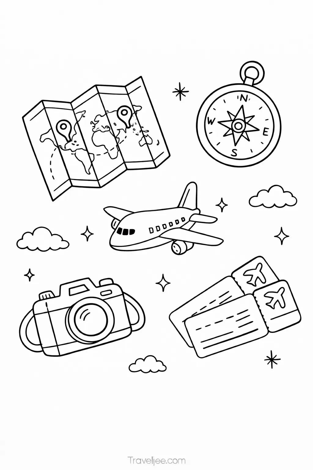 Travel Doodle Coloring Page – Fun Vacation Icons Printable for Kids and Adults