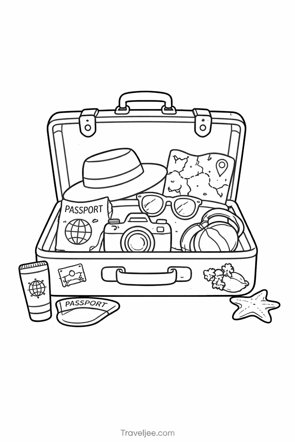 Travel Suitcase Coloring Page Printable – Vacation Packing Theme for Kids and Adults