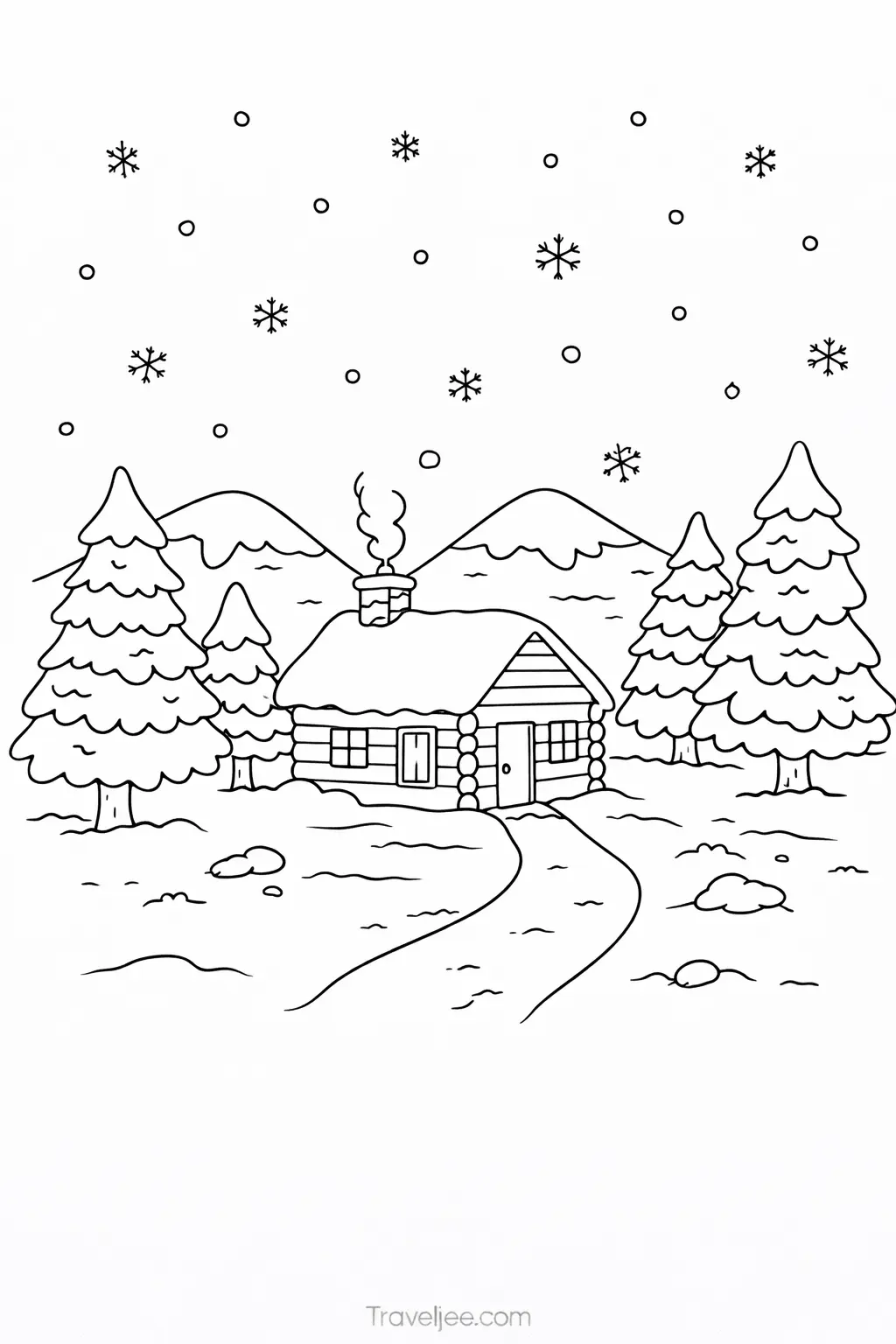 Winter Travel Coloring Page – Snow Cabin Vacation Printable for Kids