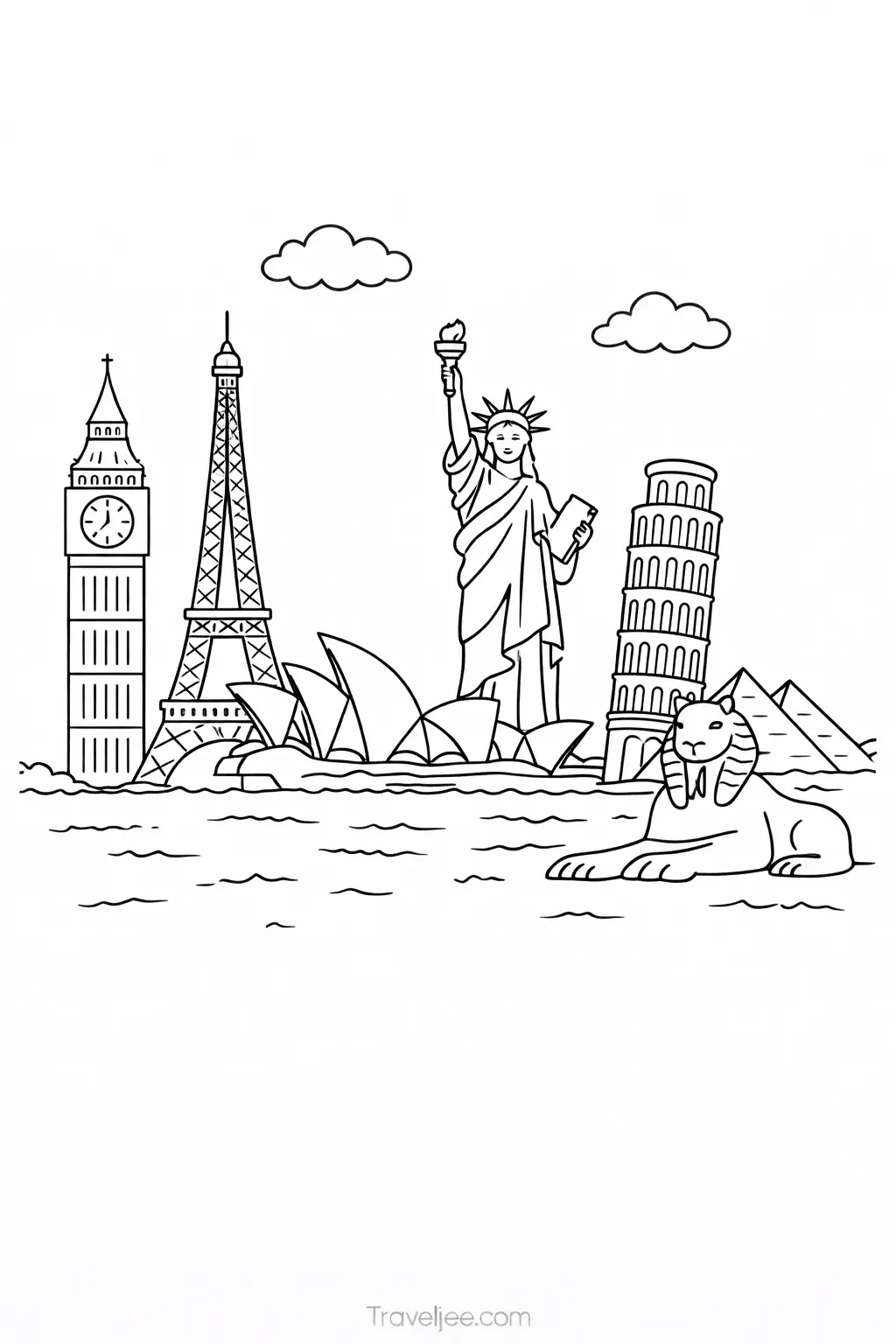 World Landmarks Coloring Page – Travel Cityscape Printable for Adults