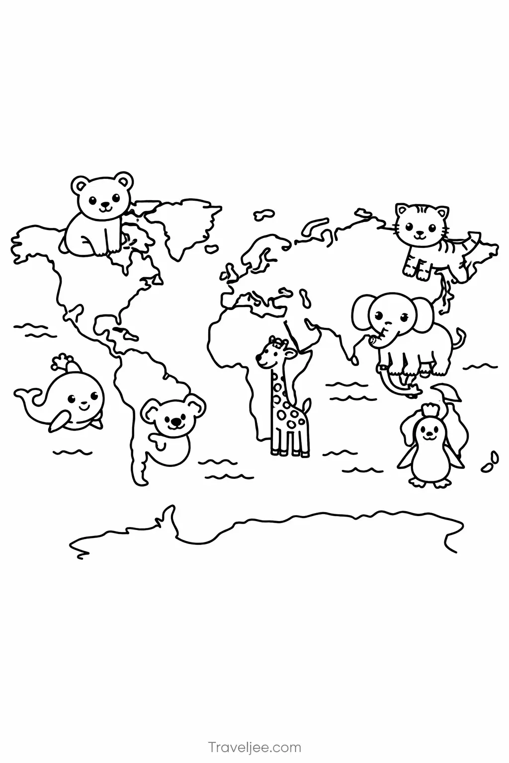 World Map Coloring Page for Kids with Animals – Fun Geography Travel Printable